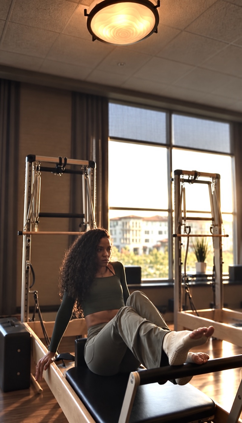 Jessica Maceira practicing Pilates on a reformer